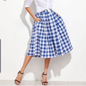 Blue Checkered Midi Skirt with Pockets